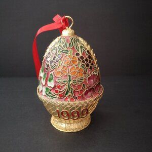 Vintage Cloisonne Christmas Ornament w/ Red Velvet Box Mini Fruit Basket 1999